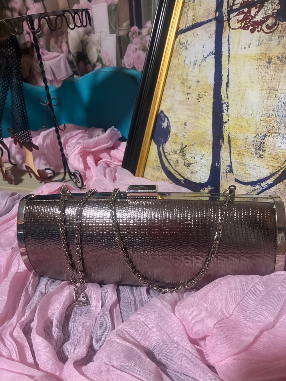 Style & Co. Metallic Gunmetal Textured Cylinder Clutch with Chain